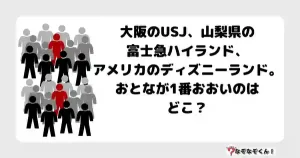 なぞなぞ小学生3017 (むずかしい) 大阪のUSJ、山梨県の富士急ハイランド、アメリカのディズニーランド。おとなが1番おおいのはどこ？